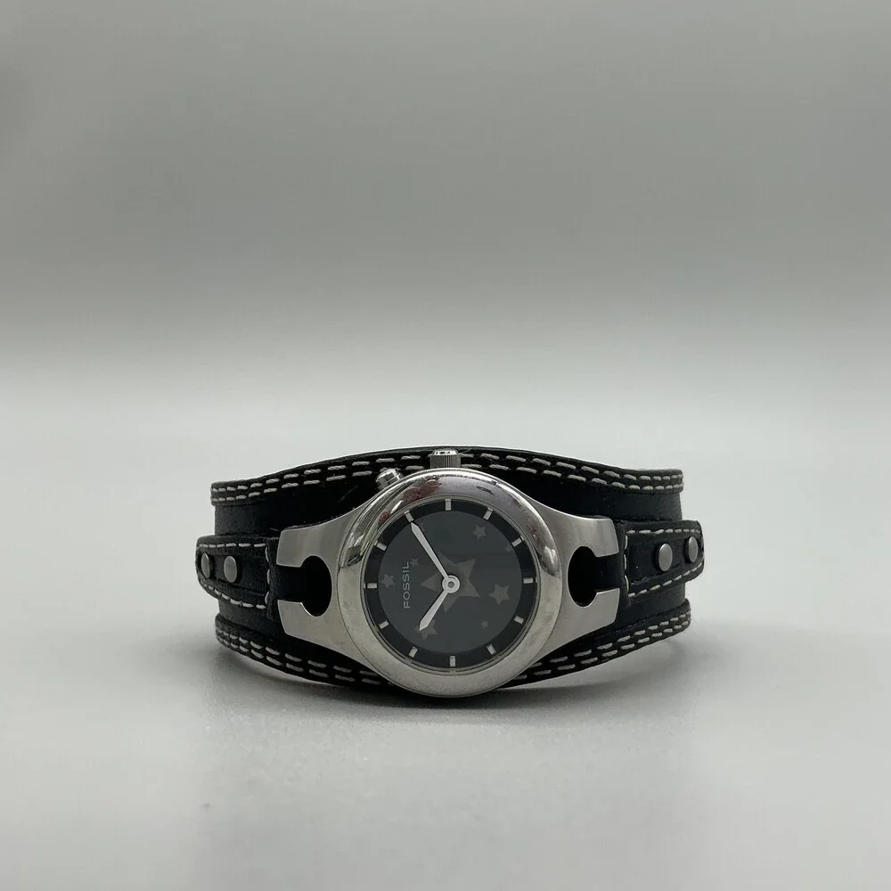 Fossil ES-9814 Womens Watch 26mm Black Star Dial Silver Tone Leather New Battery